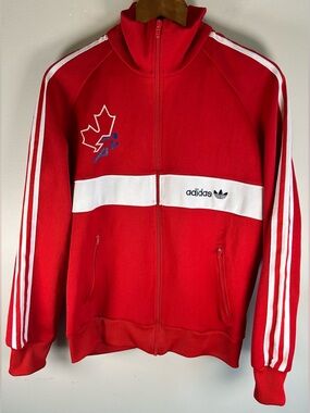 Vintage Adidas Canada Olympics Track Jacket Size L 3 Stripes Red Maple Leaf RARE
